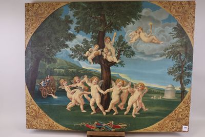 une photo d'un tableau représentant un groupe d'anges dans un arbre