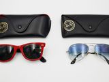 trois paires de lunettes de soleil et un étui posés sur une surface blanche