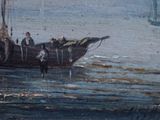 a painting of a group of people on a boat in the water