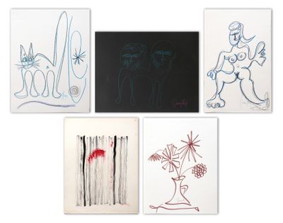 four different colored drawings of a woman, a cat, a dog, and a cat