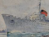 une peinture représentant un grand navire sur l'eau