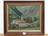 an oil painting of a church on a hill with a mountain in the background