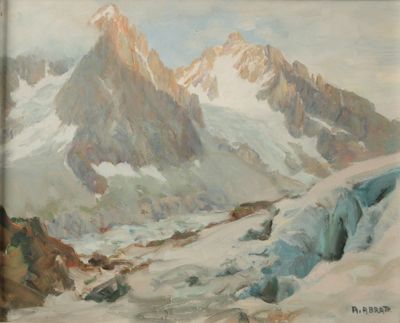 une peinture représentant une chaîne de montagnes enneigée