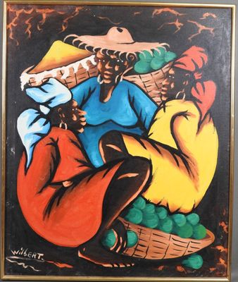 une peinture à l'huile représentant une femme assise sur un panier de fruits