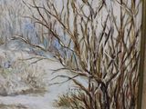 painting of a snowy path with trees and bushes in the background