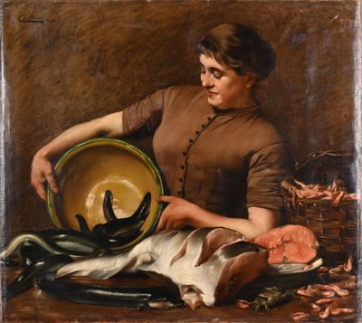 an image of a painting of a woman holding a bowl of fish