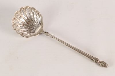 a silver spoon with a leaf on it