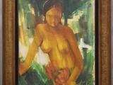 an oil painting of a woman holding a flower in her right hand