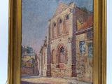 an oil painting of a building with a clock on the wall