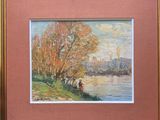 painting of a river scene with a man and a dog by a tree