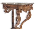 an old wooden table with a marble top on a white background