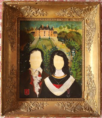 tableau représentant un couple devant un château, dans un cadre doré