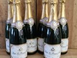 six bottles of champagne are lined up on a wooden shelf