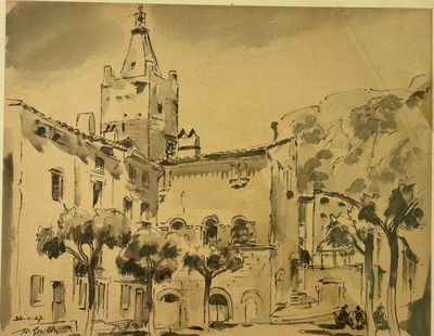 dessin d'un vieux bâtiment avec une tour horloge au centre