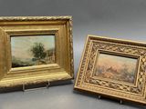 pair of 19th century french oil paintings of a landscape and figures