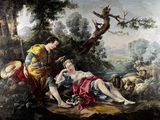 a painting of a man and a woman laying on the ground