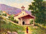 une peinture à l'huile représentant une petite église sur une colline, avec une personne marchant au premier plan