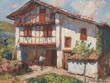 an oil painting of a house with a man standing in front of it