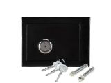 a black safe box with keys and a bunch of keys in it