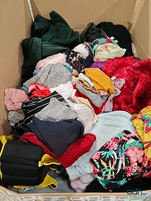 une boîte en carton remplie de vêtements et d'autres objets