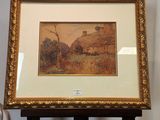 tableau représentant un paysage, dans un cadre doré, posé sur un chevalet en bois