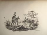 a drawing of a man riding a horse next to a man on a horse