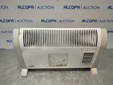 a white electric heater sitting on top of a metal table
