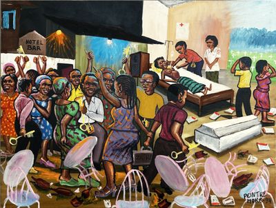 painting of a group of people in a room with chairs and tables