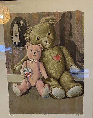 a painting of two teddy bears sitting next to each other