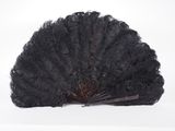 a black fan with feathers on it on a white surface
