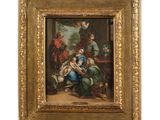 a painting of a family with a baby in a room