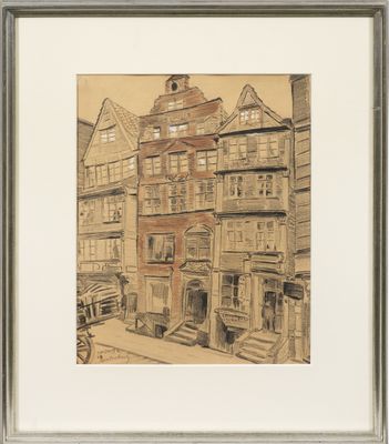 une image représentant un dessin d'une rue de ville avec des bâtiments et une calèche