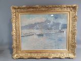 an oil painting of boats in the water near a city
