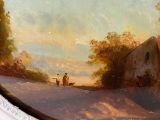 a picture of a painting of two men and a dog