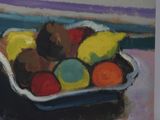 a painting of a bowl of fruit on a table
