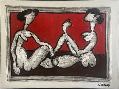 painting of two nudes in a red room with a black and white frame