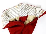 a close up of a red jacket and a striped shirt