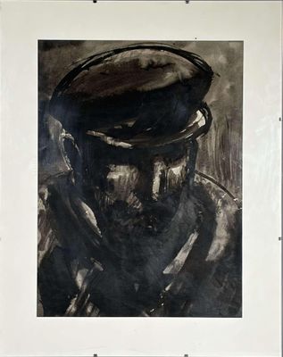 tableau représentant un homme portant un chapeau et une barbe, en noir et blanc