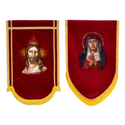 two red and gold banners with a picture of jesus and mary on them