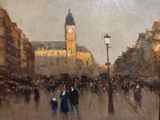 un tableau représentant des personnes marchant dans la rue, avec une tour horloge en arrière-plan