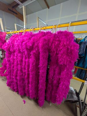 Des plumes roses sont suspendues à un portemanteau dans un magasin de vêtements