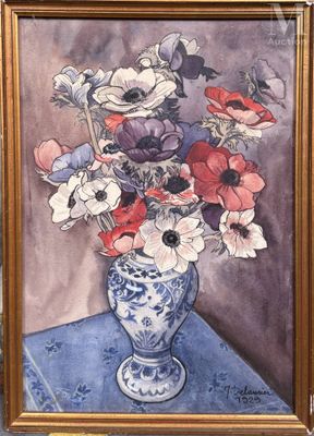 une peinture de fleurs dans un vase sur une table