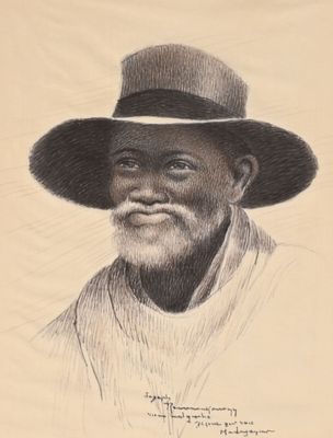 dessin représentant un homme portant un chapeau et une chemise blanche