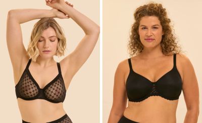 two pictures of a woman in a black bra top and a woman in a black bra top