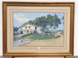 a picture of a painting of a house by the water