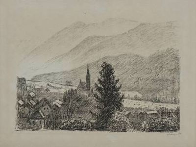 an image of a drawing of a landscape with trees and buildings