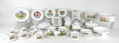 many different types of dishes and cups on the table