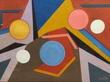 abstract painting of geometric shapes and colors on a brown background