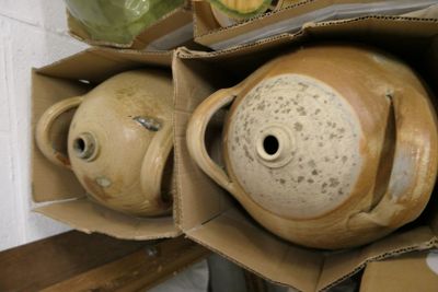 deux vases marron posés dans une boîte sur une table