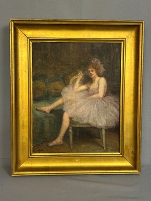 painting of a woman in a pink dress sitting on a chair